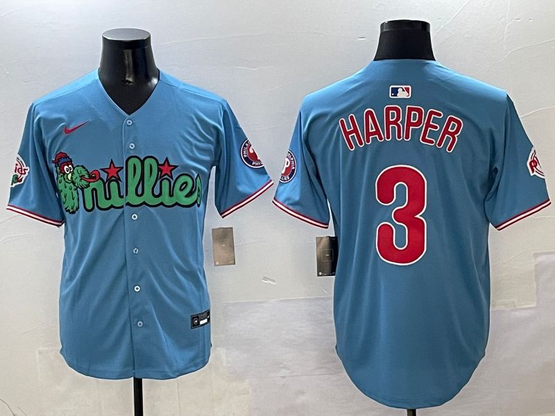 Men Philadelphia Phillies #3 Harper Light Blue three generations Joint Name 2025 Nike MLB Jersey style 1